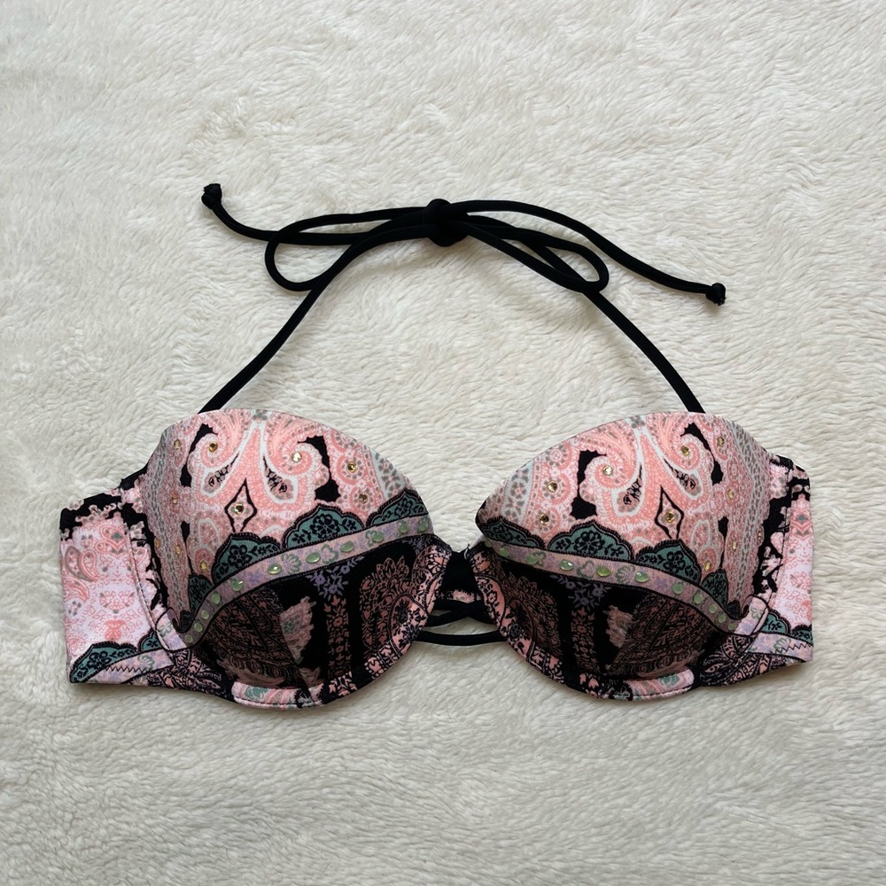Victoria’s Secret The Beach Bandeau Swim Bikini Top Push Up Paisley Black 34C